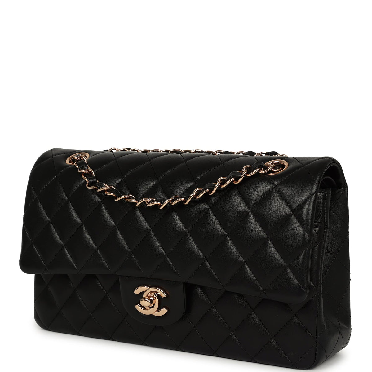 Pre-owned Chanel Medium Classic Double Flap Black Lambskin Rose Gold Hardware
