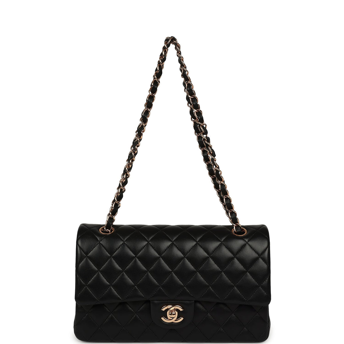 Pre-owned Chanel Medium Classic Double Flap Black Lambskin Rose Gold Hardware