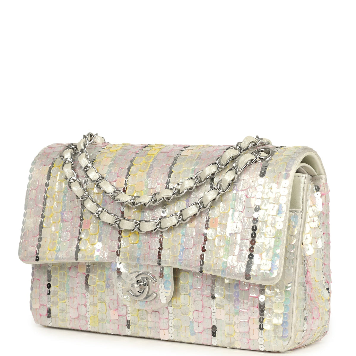 Pre-owned Chanel Medium Sequin Classic Double Flap Bag Light Grey, Pink, Yellow Embroidered Satin Silver Hardware