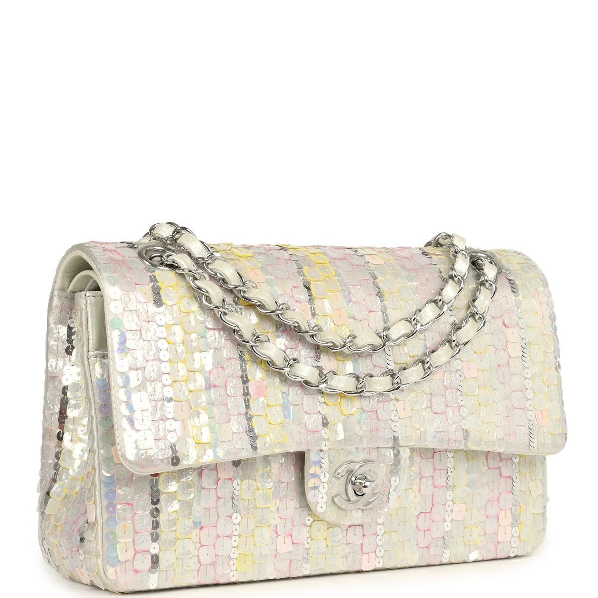 Pre-owned Chanel Medium Sequin Classic Double Flap Bag Light Grey, Pink, Yellow Embroidered Satin Silver Hardware