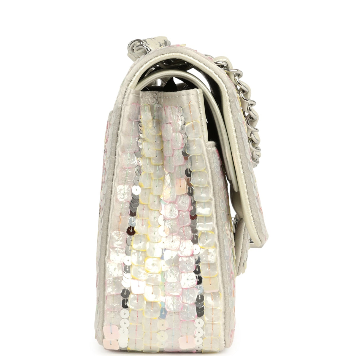 Pre-owned Chanel Medium Sequin Classic Double Flap Bag Light Grey, Pink, Yellow Embroidered Satin Silver Hardware