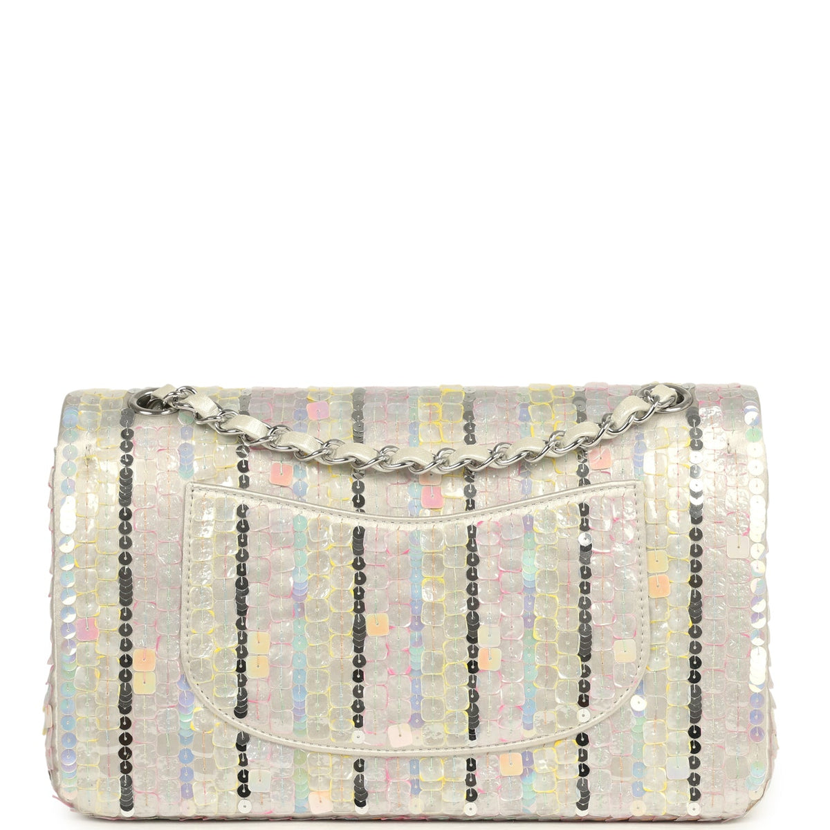 Pre-owned Chanel Medium Sequin Classic Double Flap Bag Light Grey, Pink, Yellow Embroidered Satin Silver Hardware