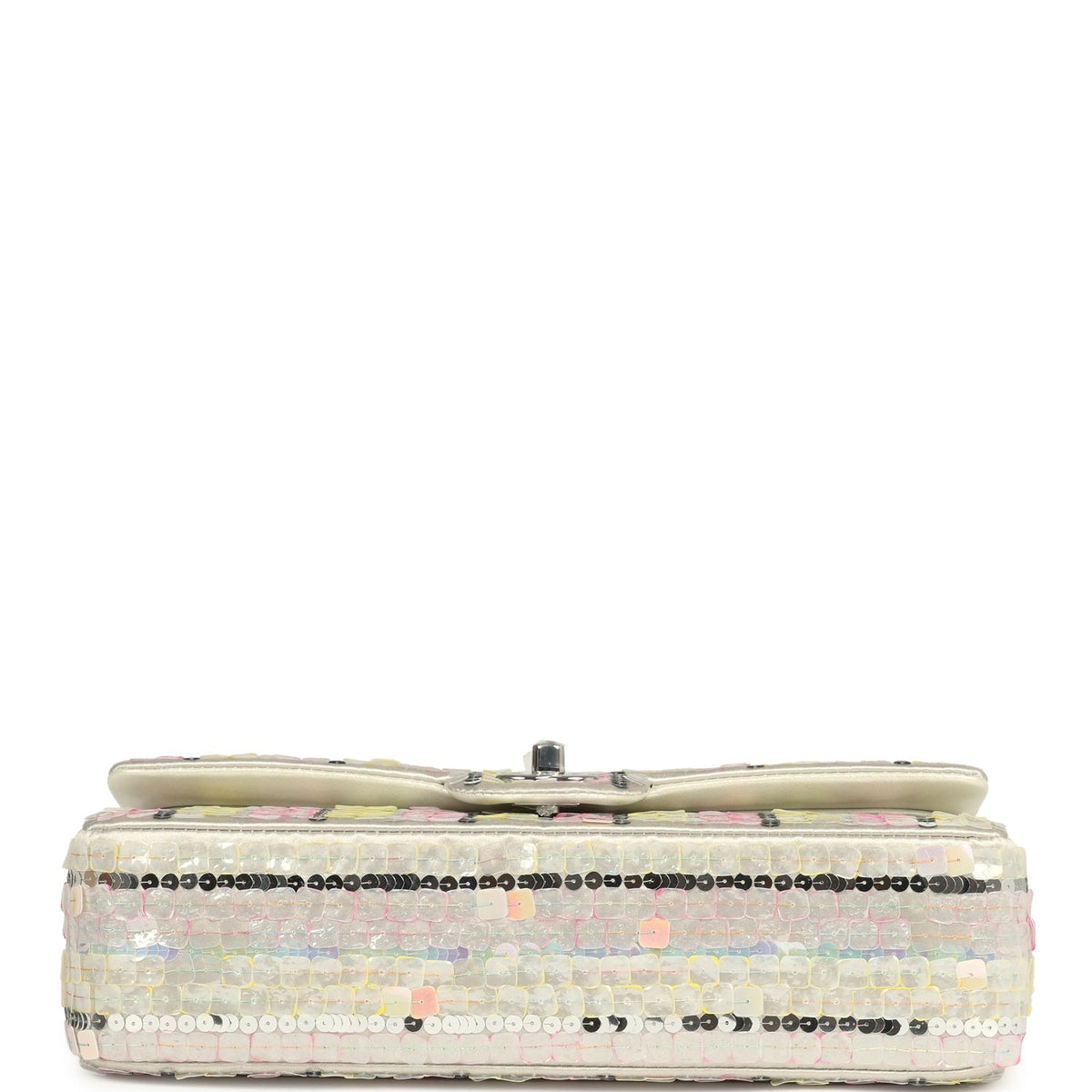 Pre-owned Chanel Medium Sequin Classic Double Flap Bag Light Grey, Pink, Yellow Embroidered Satin Silver Hardware