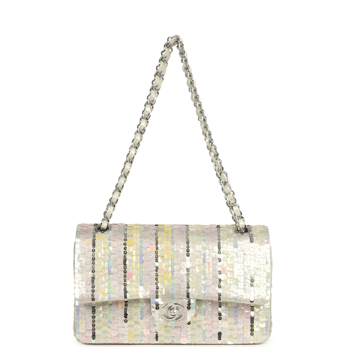 Pre-owned Chanel Medium Sequin Classic Double Flap Bag Light Grey, Pink, Yellow Embroidered Satin Silver Hardware