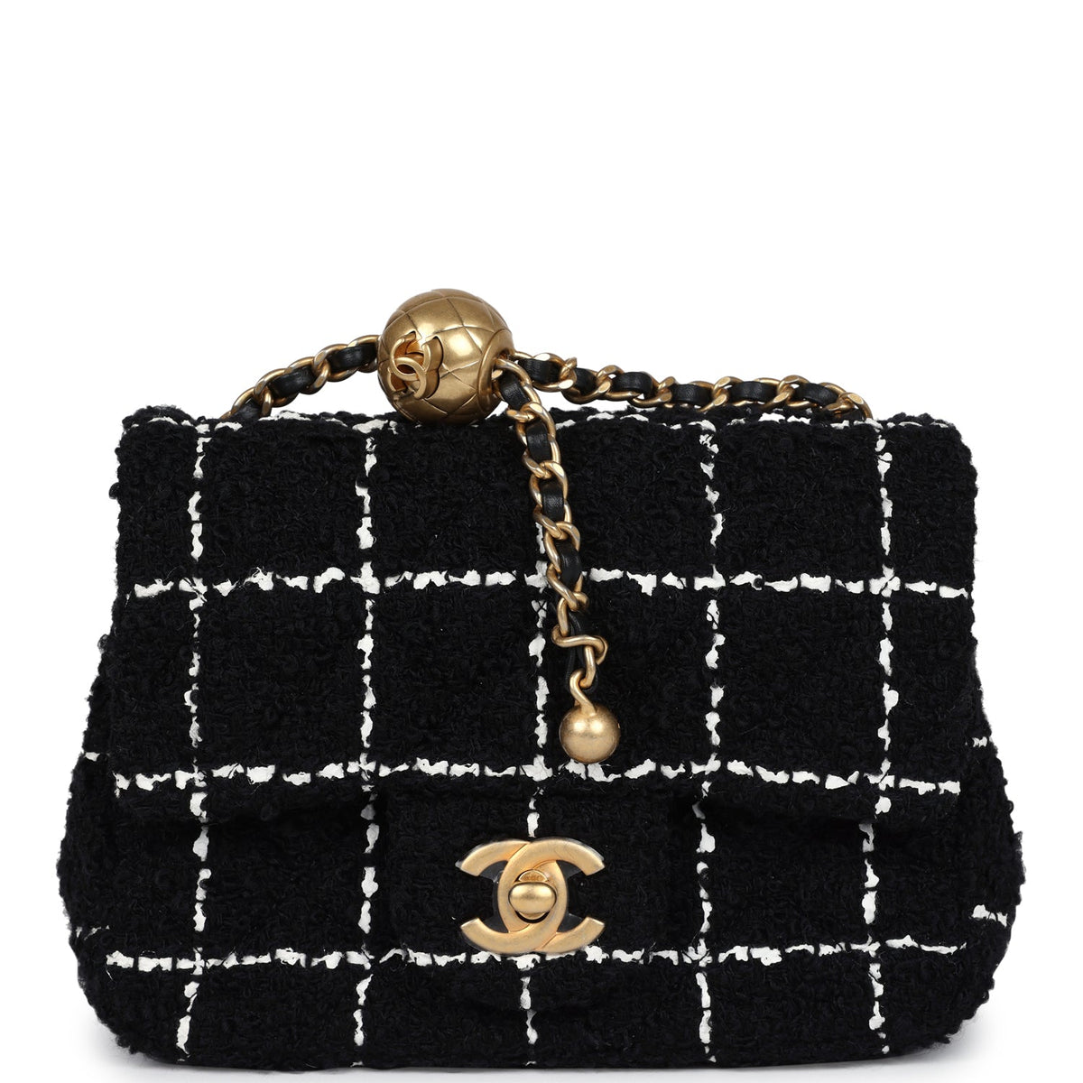 Chanel Mini Pearl Crush Square Flap Bag White, Black Tweed Antique Gold Hardware