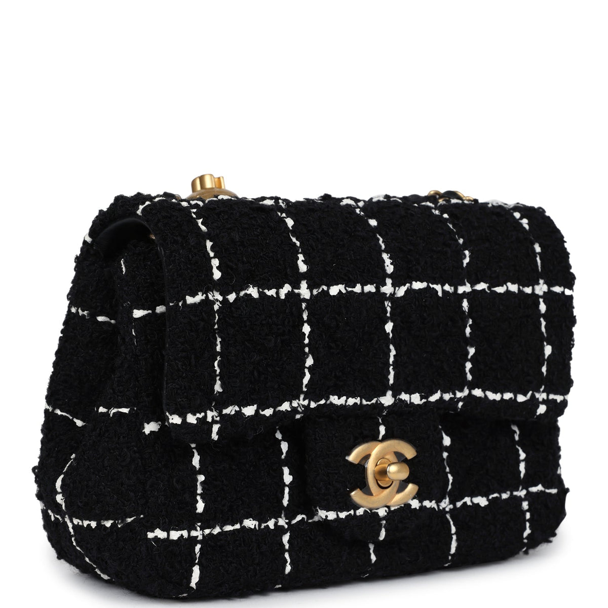 Chanel Mini Pearl Crush Square Flap Bag White, Black Tweed Antique Gold Hardware