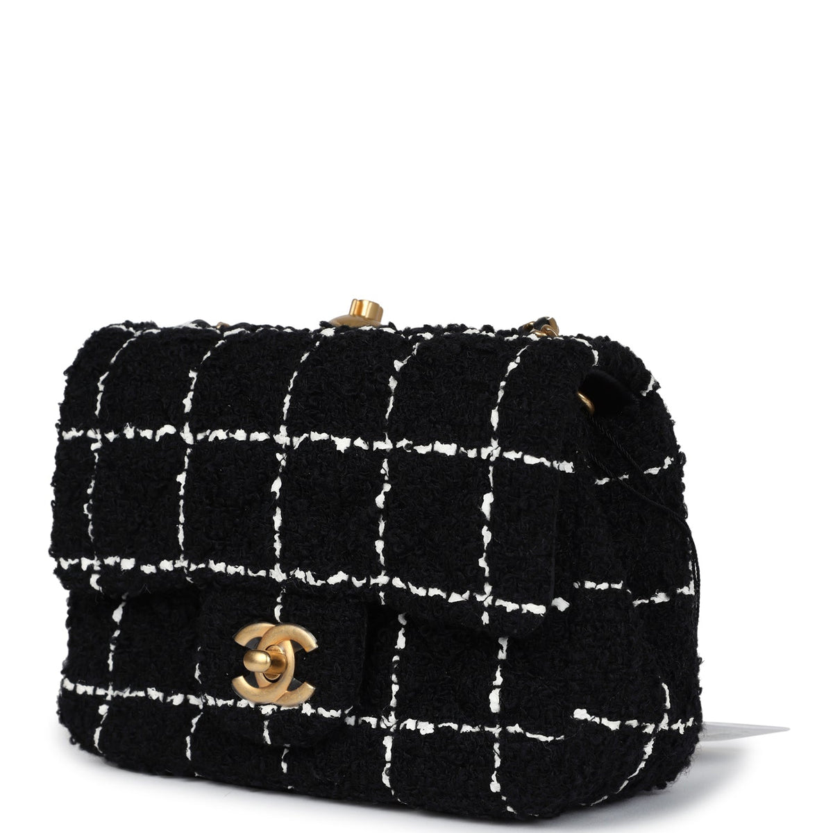 Chanel Mini Pearl Crush Square Flap Bag White, Black Tweed Antique Gold Hardware