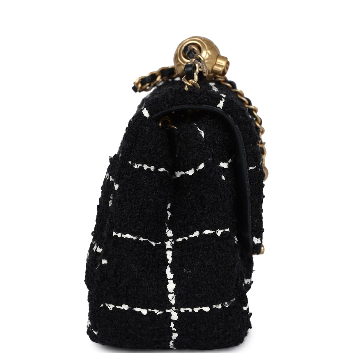 Chanel Mini Pearl Crush Square Flap Bag White, Black Tweed Antique Gold Hardware