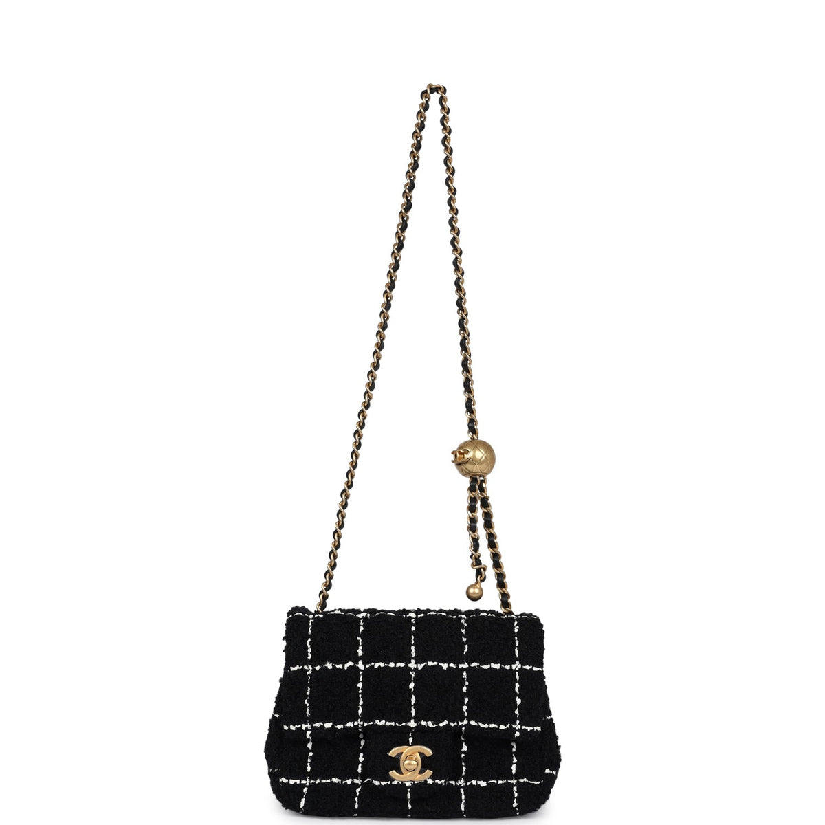 Chanel Mini Pearl Crush Square Flap Bag White, Black Tweed Antique Gold Hardware