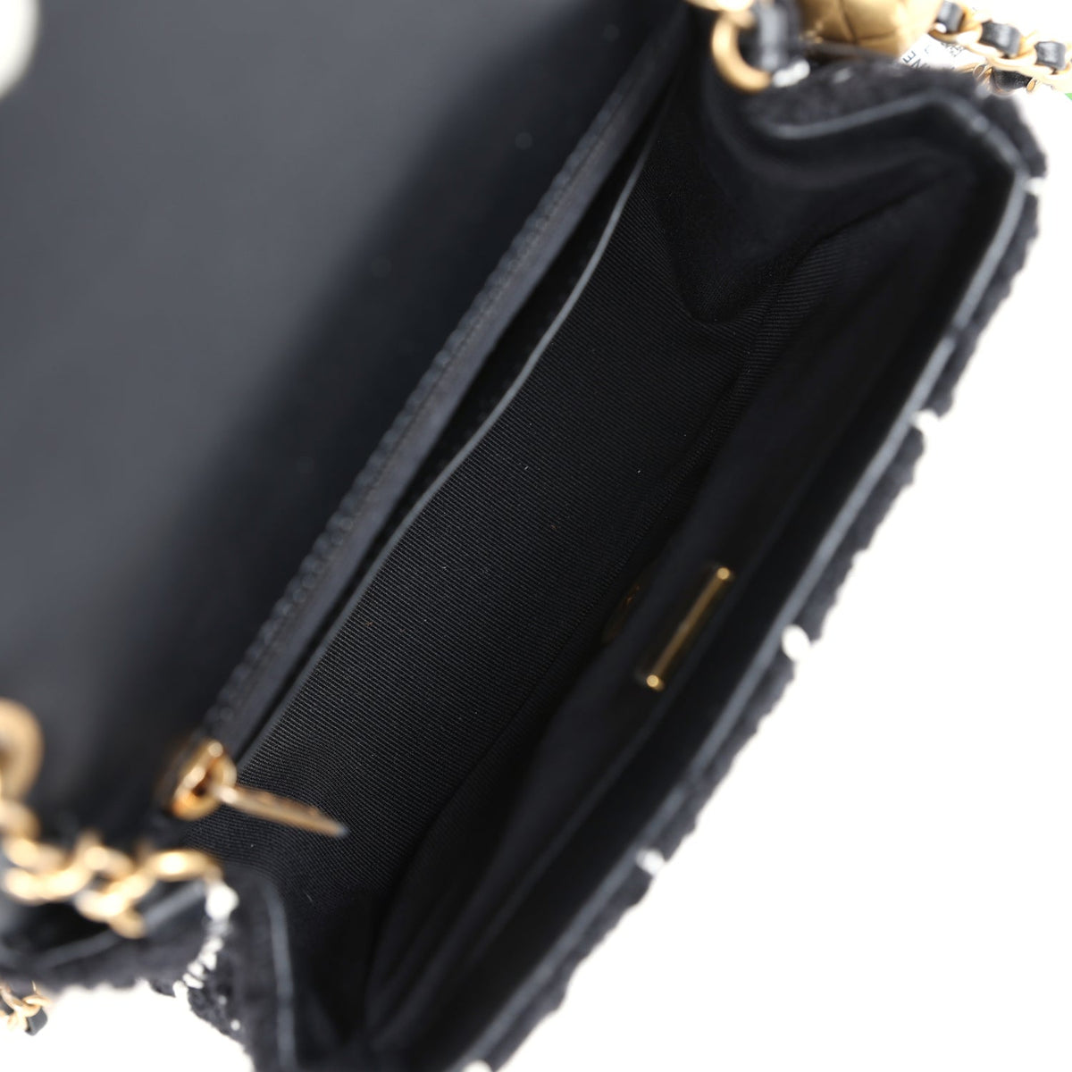 Chanel Mini Pearl Crush Square Flap Bag White, Black Tweed Antique Gold Hardware