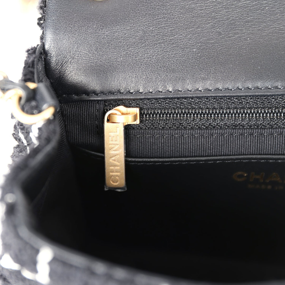 Chanel Mini Pearl Crush Square Flap Bag White, Black Tweed Antique Gold Hardware