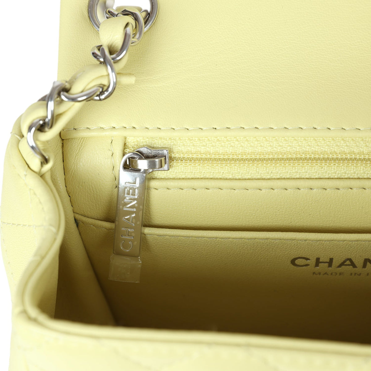 Chanel Mini Square Flap Bag Lime Lambskin Silver Hardware