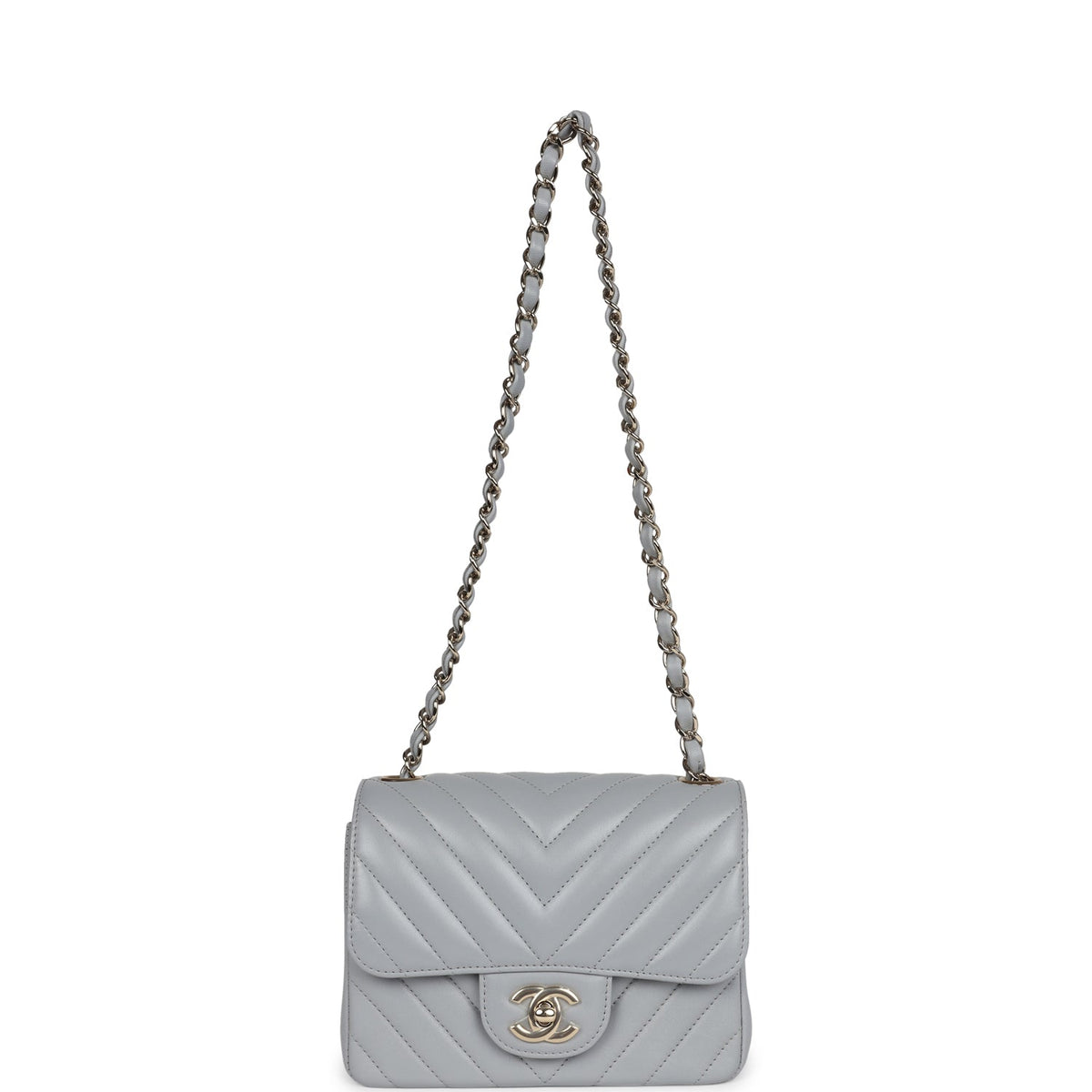 Chanel Mini Chevron Square Flap Bag Light Grey Lambskin Light Gold Hardware