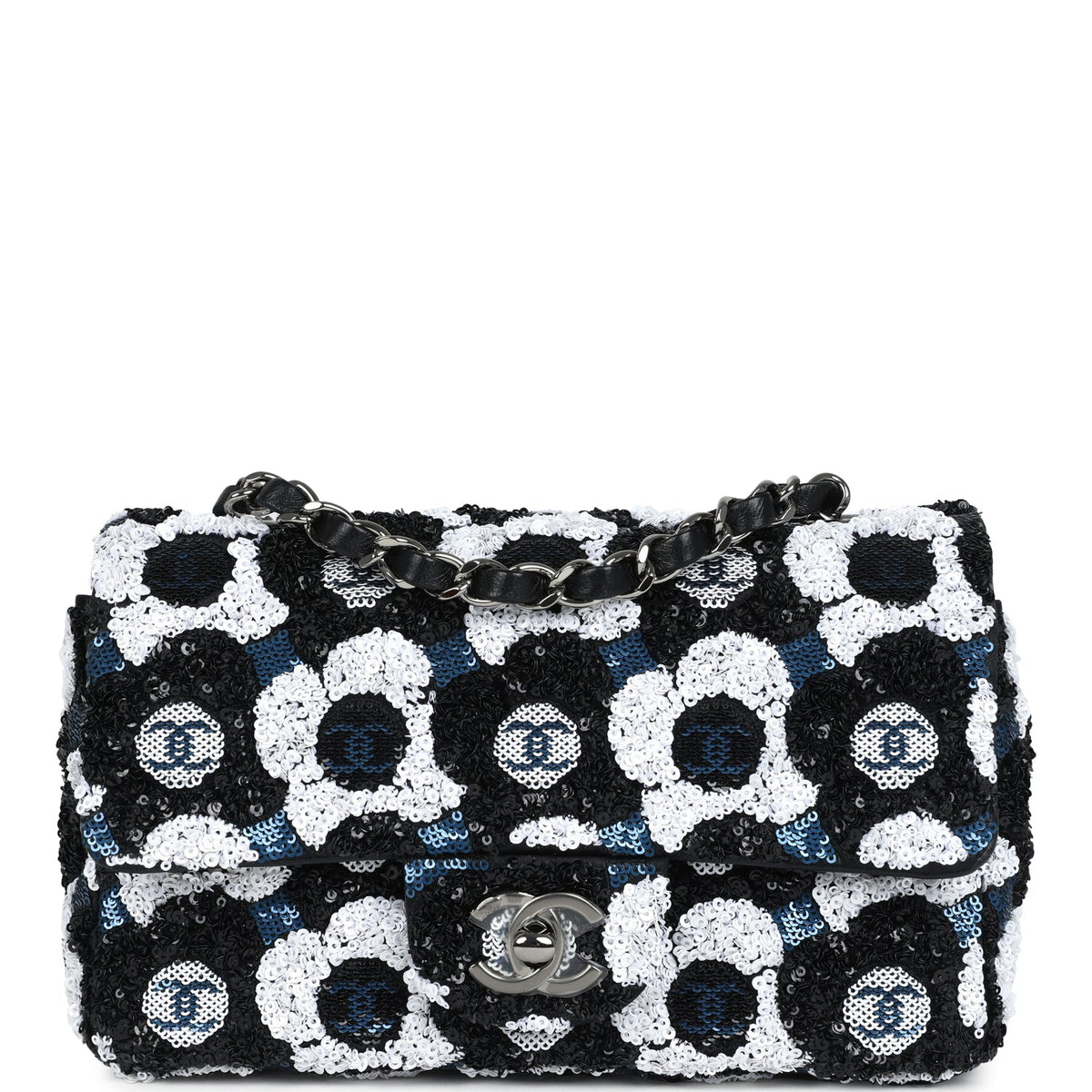 Chanel Mini Rectangular Flower Flap Bag Black, Navy, White Sequin Ruthenium Hardware
