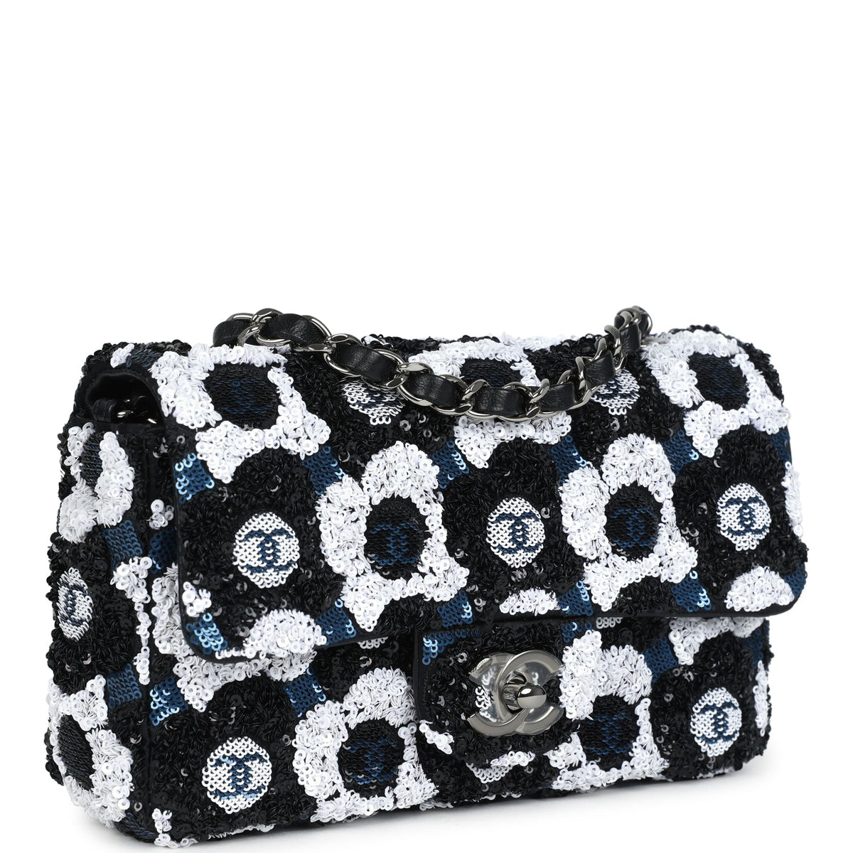 Chanel Mini Rectangular Flower Flap Bag Black, Navy, White Sequin Ruthenium Hardware