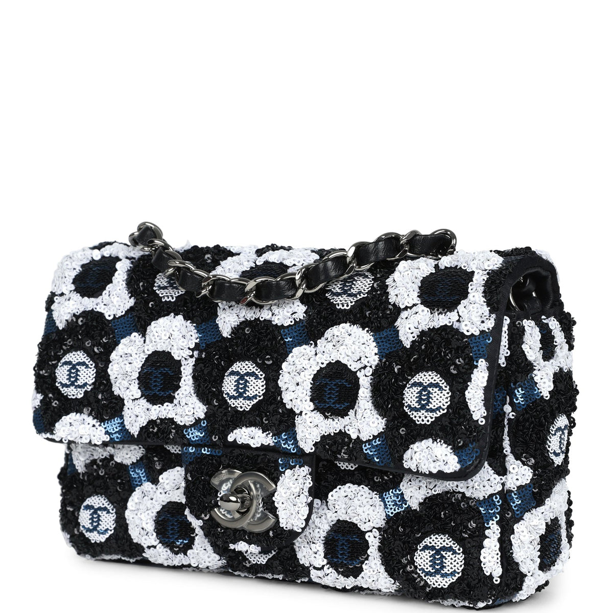 Chanel Mini Rectangular Flower Flap Bag Black, Navy, White Sequin Ruthenium Hardware