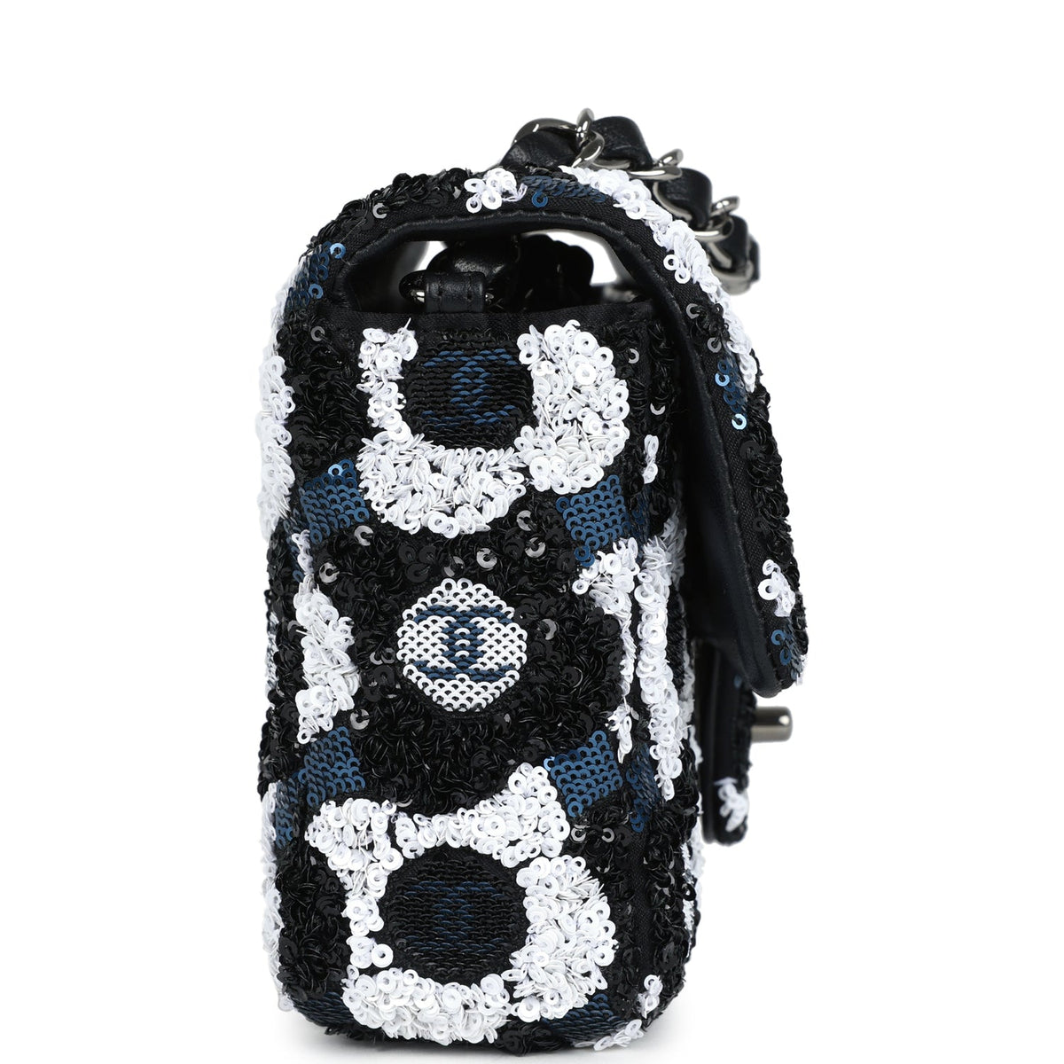 Chanel Mini Rectangular Flower Flap Bag Black, Navy, White Sequin Ruthenium Hardware