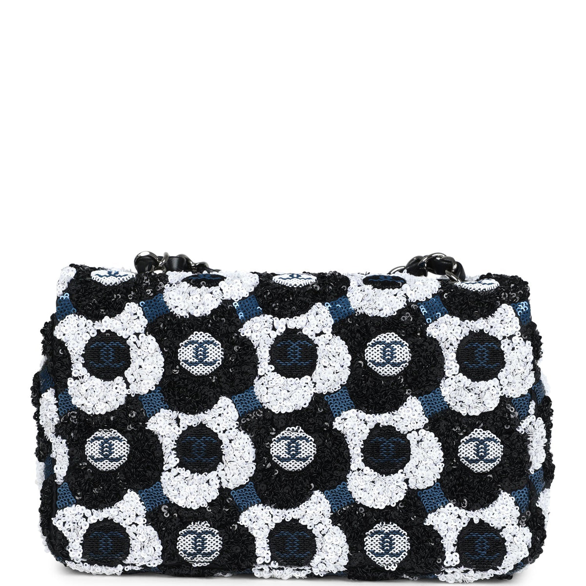 Chanel Mini Rectangular Flower Flap Bag Black, Navy, White Sequin Ruthenium Hardware