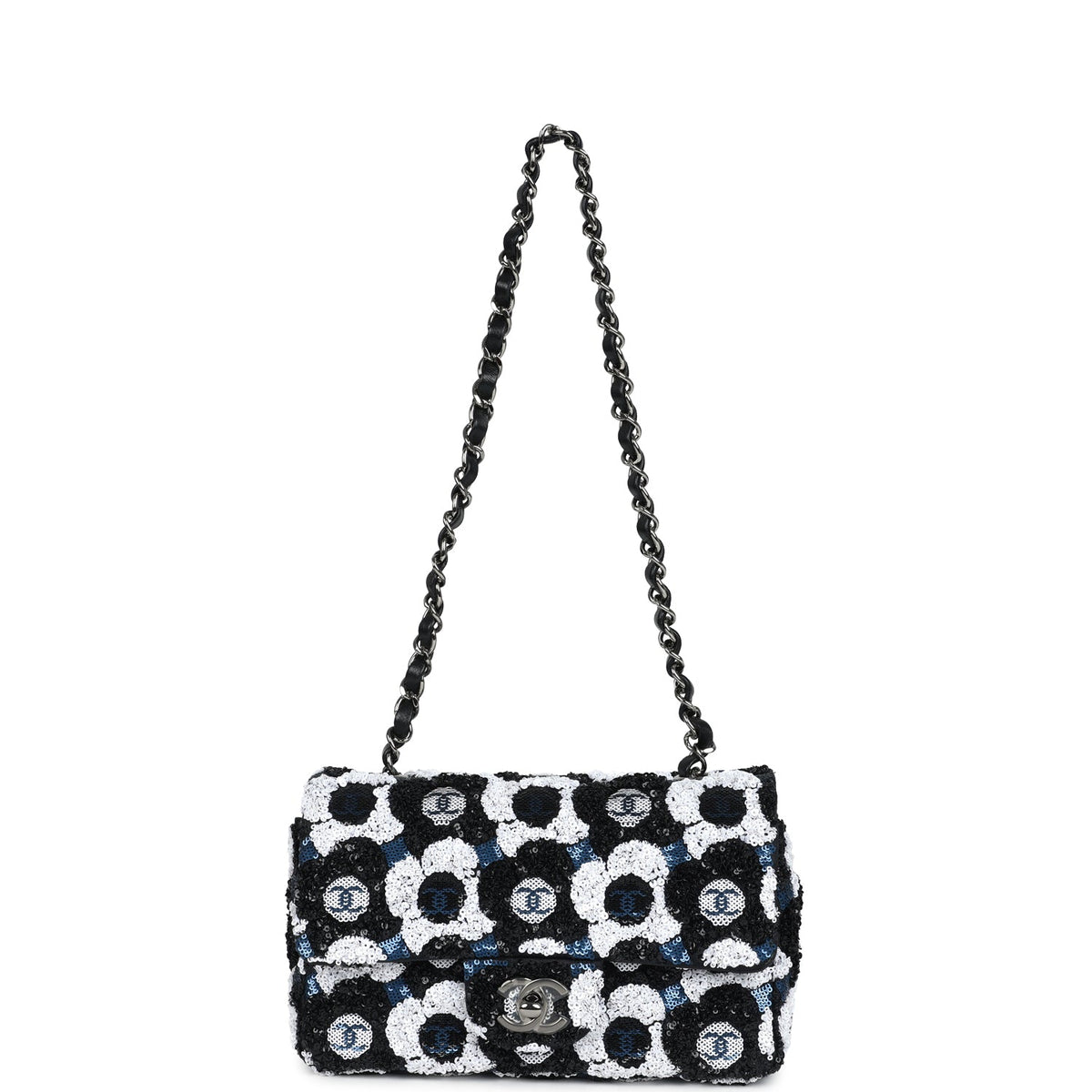 Chanel Mini Rectangular Flower Flap Bag Black, Navy, White Sequin Ruthenium Hardware