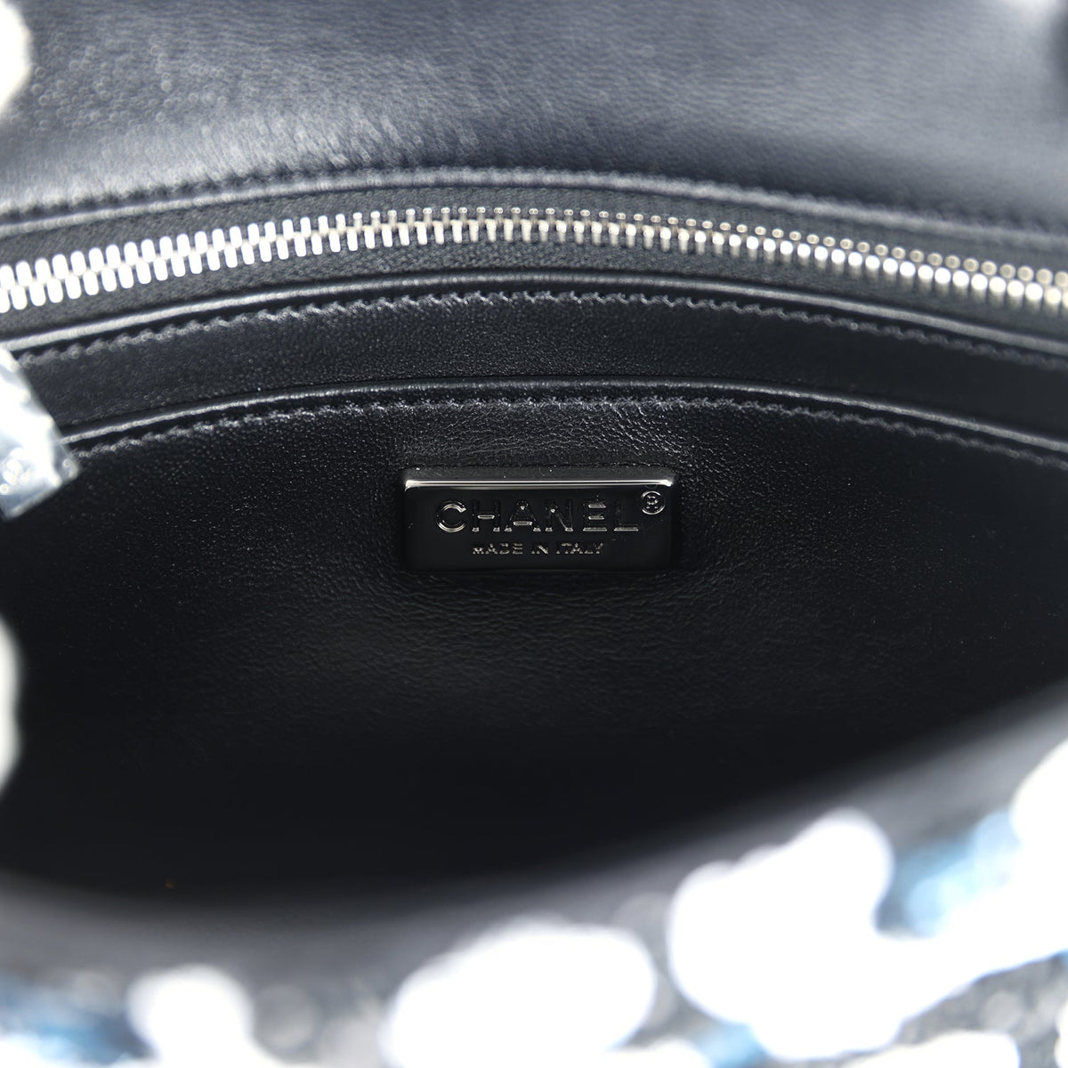 Chanel Mini Rectangular Flower Flap Bag Black, Navy, White Sequin Ruthenium Hardware