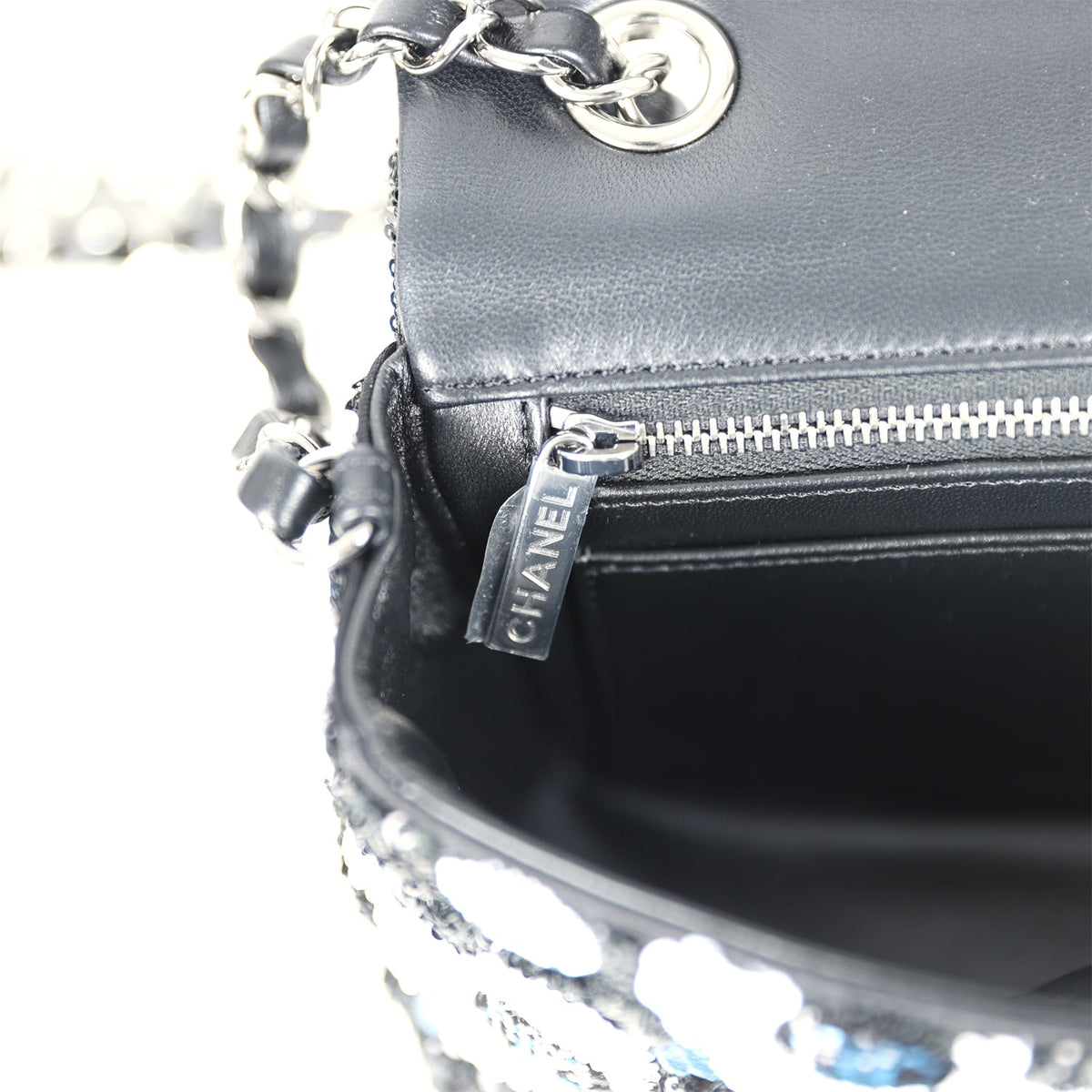 Chanel Mini Rectangular Flower Flap Bag Black, Navy, White Sequin Ruthenium Hardware