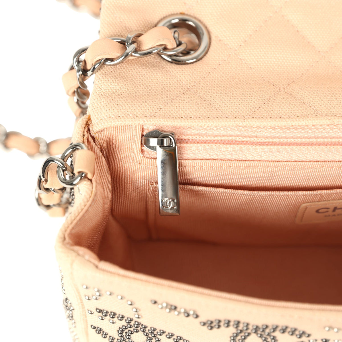 Pre-owned Chanel Mini CC Studded Rectangular Flap Bag Light Pink Canvas Ruthenium Hardware