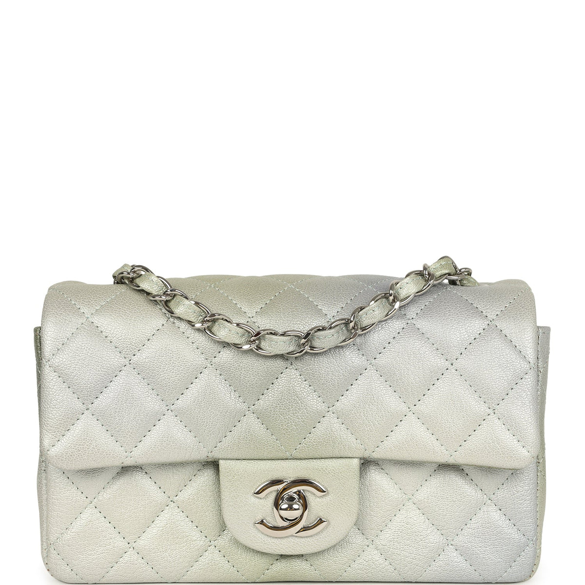 Chanel Mini Classic Rectangular Flap Bag Grey, Green Ombre Iridescent Goatskin Silver Hardware