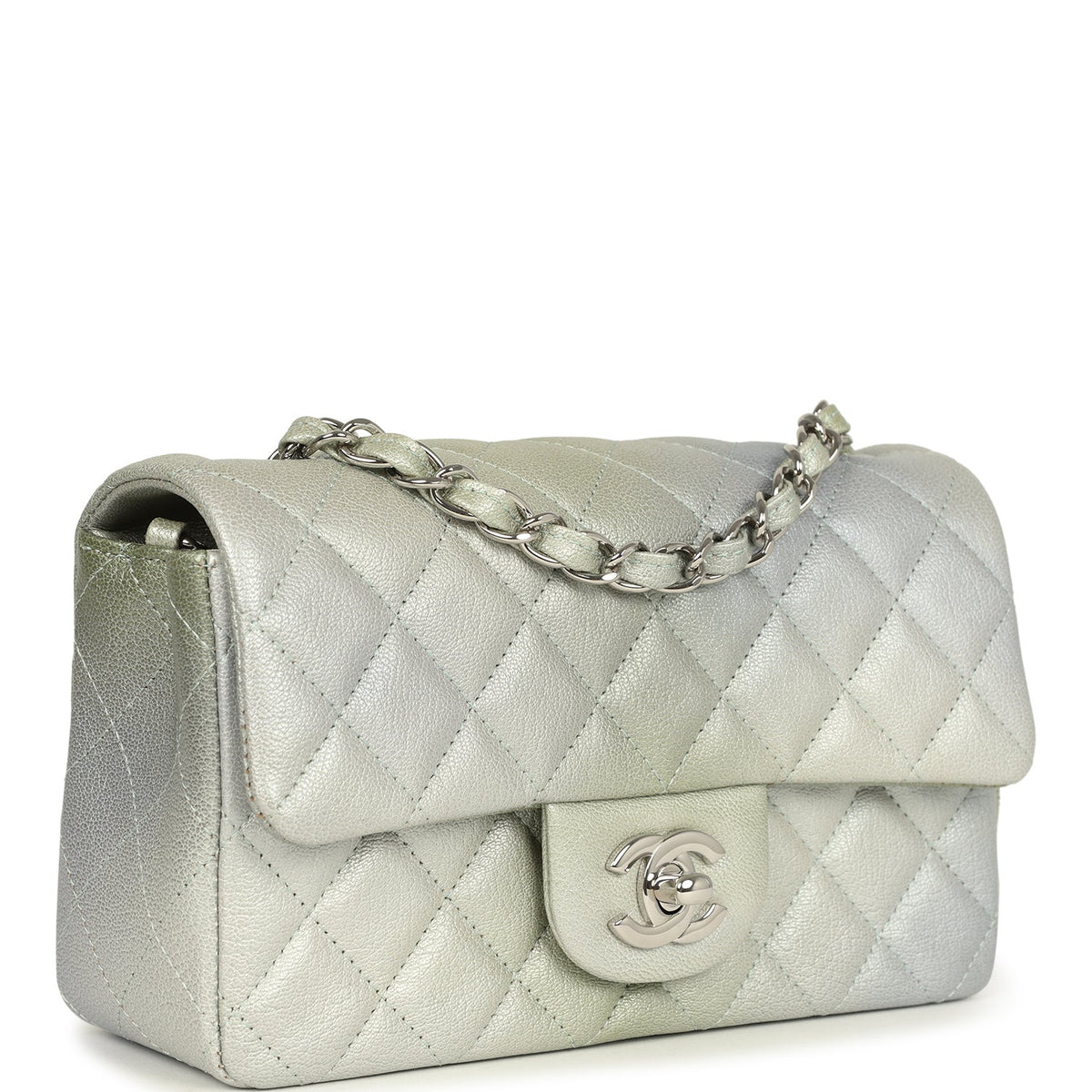 Chanel Mini Classic Rectangular Flap Bag Grey, Green Ombre Iridescent Goatskin Silver Hardware