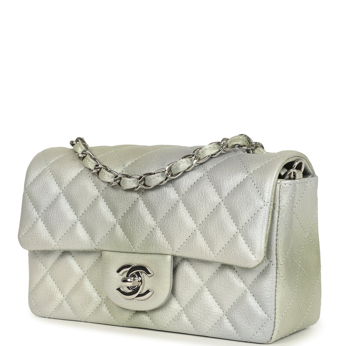 Chanel Mini Classic Rectangular Flap Bag Grey, Green Ombre Iridescent Goatskin Silver Hardware
