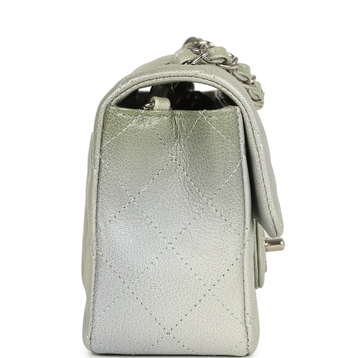 Chanel Mini Classic Rectangular Flap Bag Grey, Green Ombre Iridescent Goatskin Silver Hardware