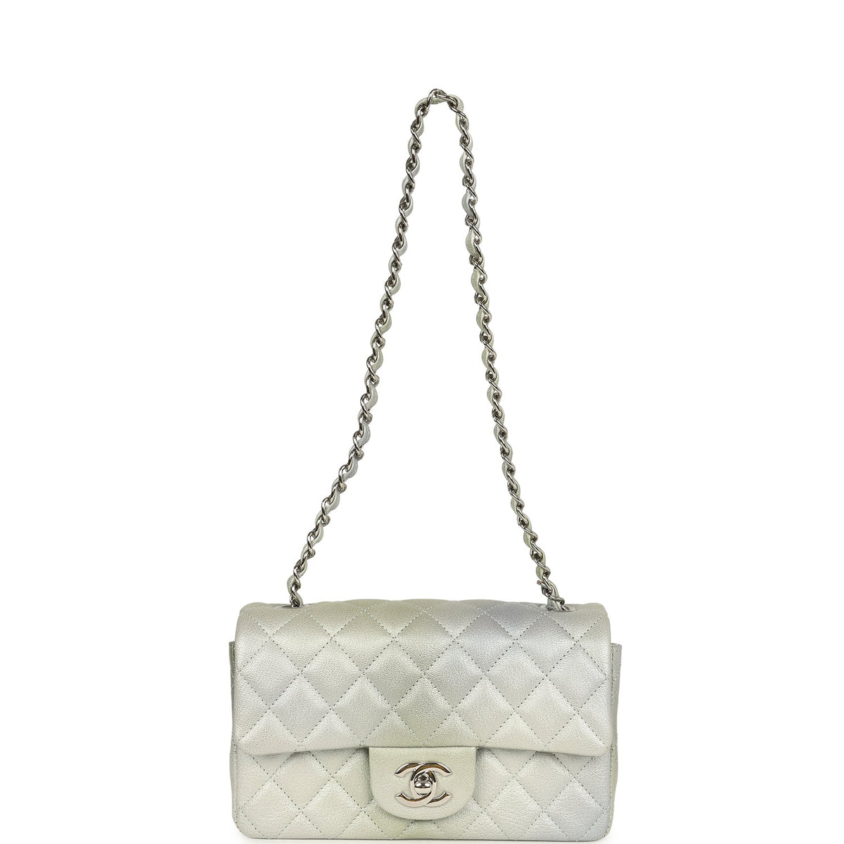 Chanel Mini Classic Rectangular Flap Bag Grey, Green Ombre Iridescent Goatskin Silver Hardware