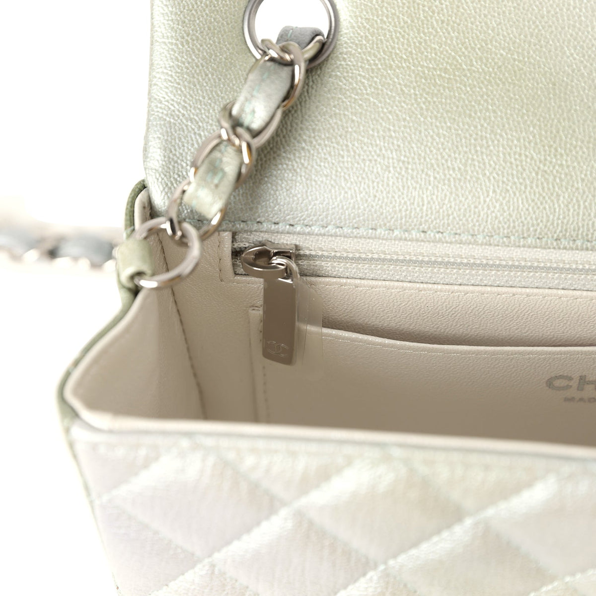 Chanel Mini Classic Rectangular Flap Bag Grey, Green Ombre Iridescent Goatskin Silver Hardware