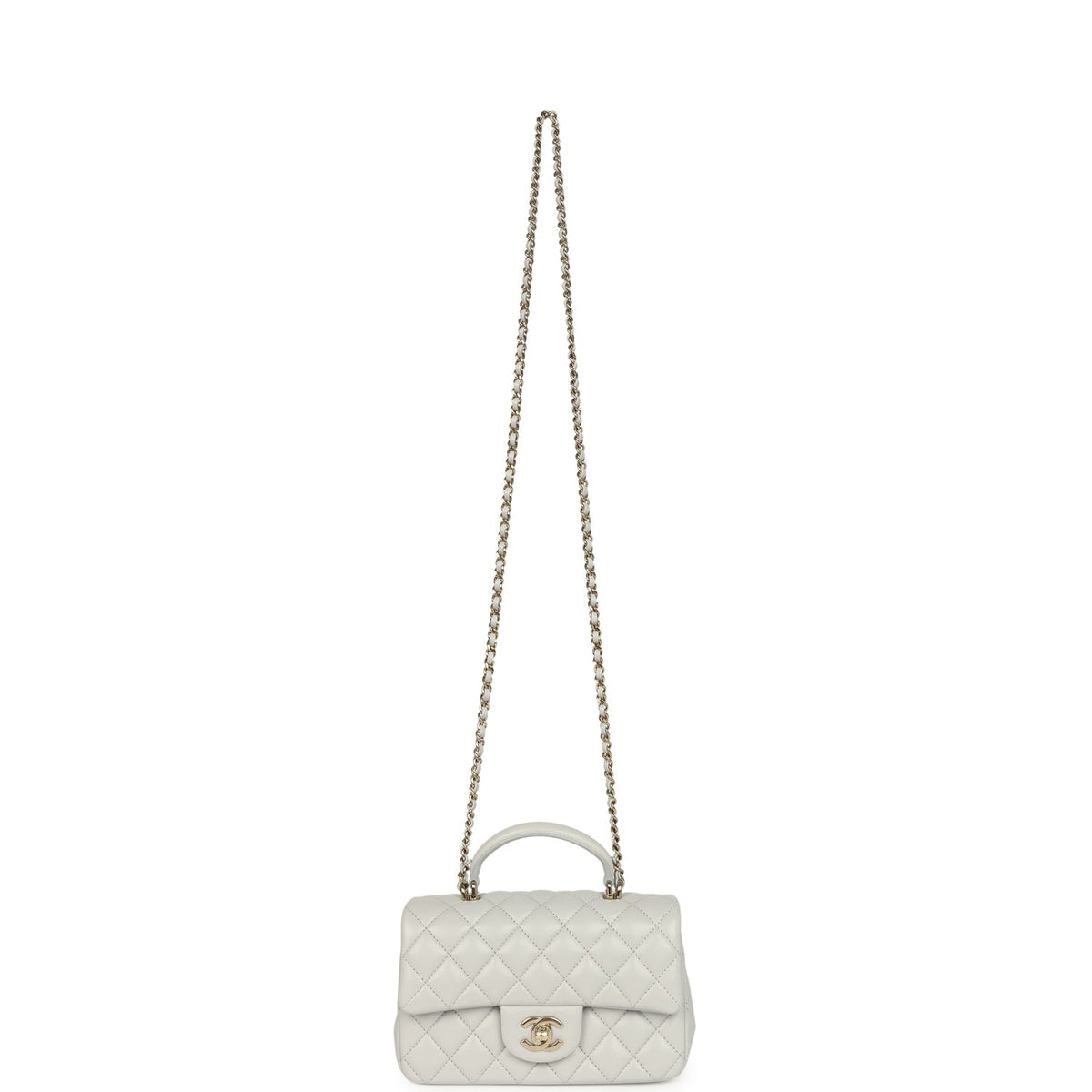 Chanel Mini Rectangular Flap Bag with Top Handle Light Grey Lambskin Light Gold Hardware