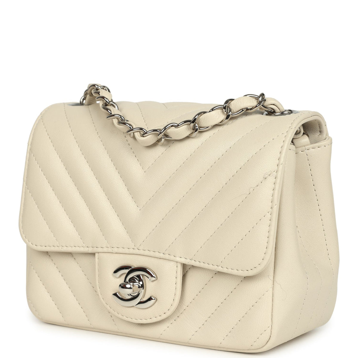 Pre-owned Chanel Mini Chevron Square Flap Bag Ivory Lambskin Silver Hardware