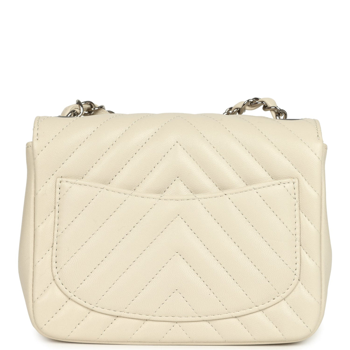 Pre-owned Chanel Mini Chevron Square Flap Bag Ivory Lambskin Silver Hardware