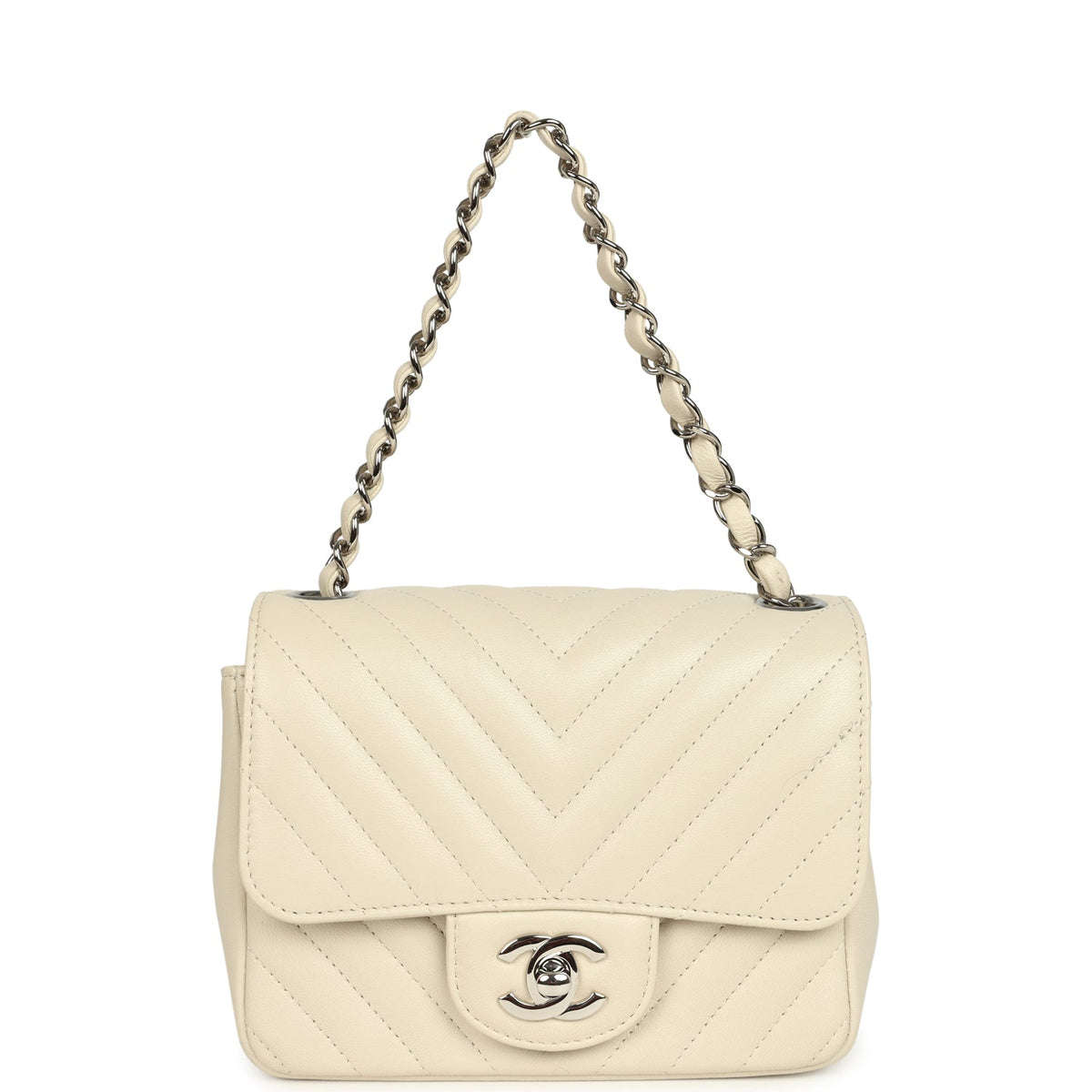 Pre-owned Chanel Mini Chevron Square Flap Bag Ivory Lambskin Silver Hardware