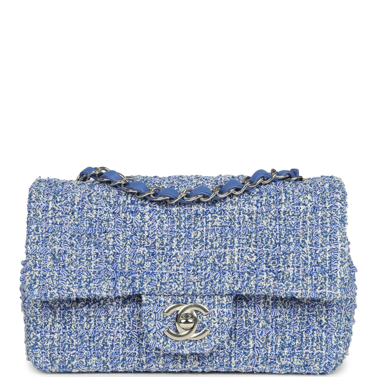 Chanel Mini Rectangular Flap Bag Blue, White Tweed Silver Hardware