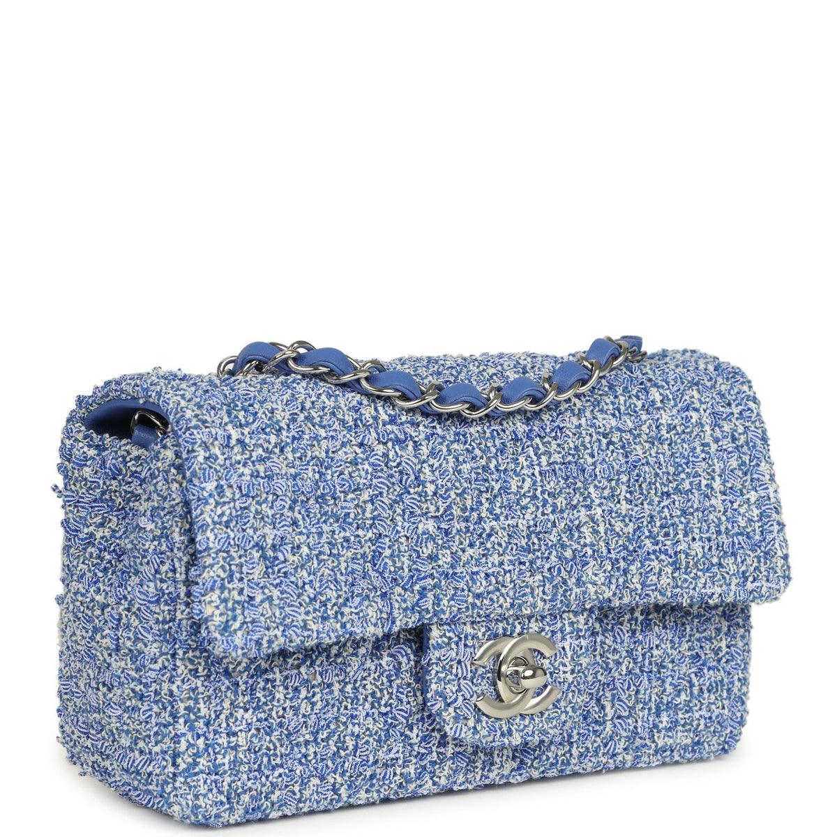 Chanel Mini Rectangular Flap Bag Blue, White Tweed Silver Hardware
