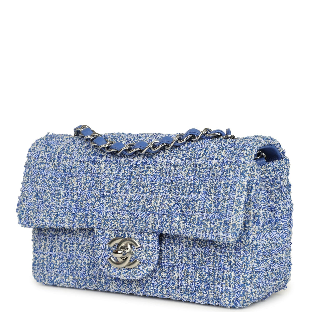 Chanel Mini Rectangular Flap Bag Blue, White Tweed Silver Hardware