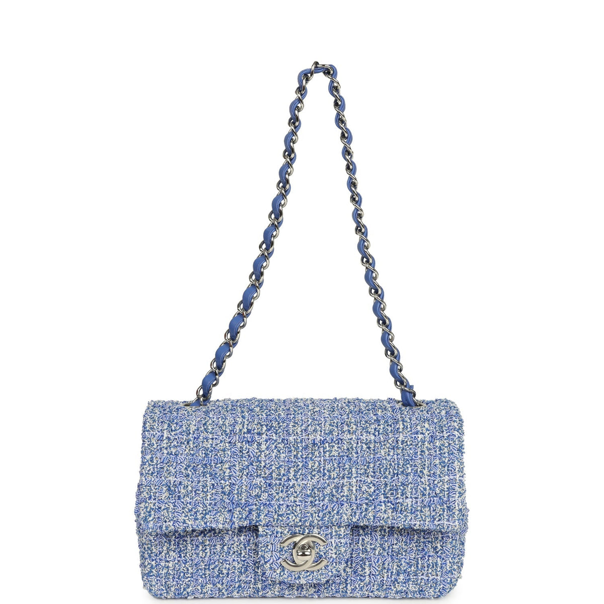 Chanel Mini Rectangular Flap Bag Blue, White Tweed Silver Hardware
