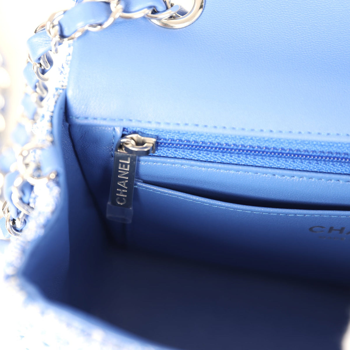 Chanel Mini Rectangular Flap Bag Blue, White Tweed Silver Hardware