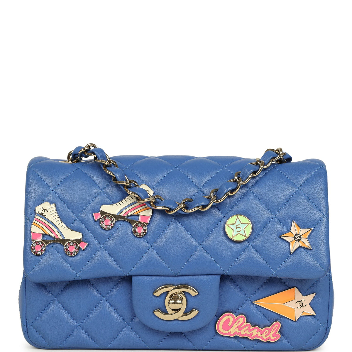 Pre-owned Chanel Mini Rectangular Hollywood Charms Flap Bag Blue Lambskin Light Gold Hardware