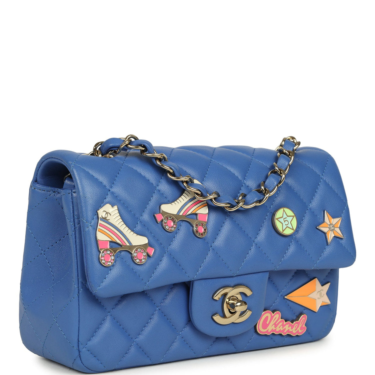 Pre-owned Chanel Mini Rectangular Hollywood Charms Flap Bag Blue Lambskin Light Gold Hardware
