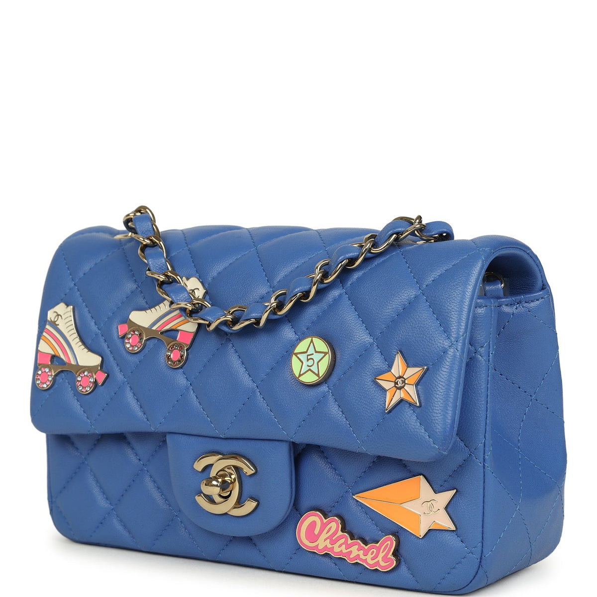 Pre-owned Chanel Mini Rectangular Hollywood Charms Flap Bag Blue Lambskin Light Gold Hardware