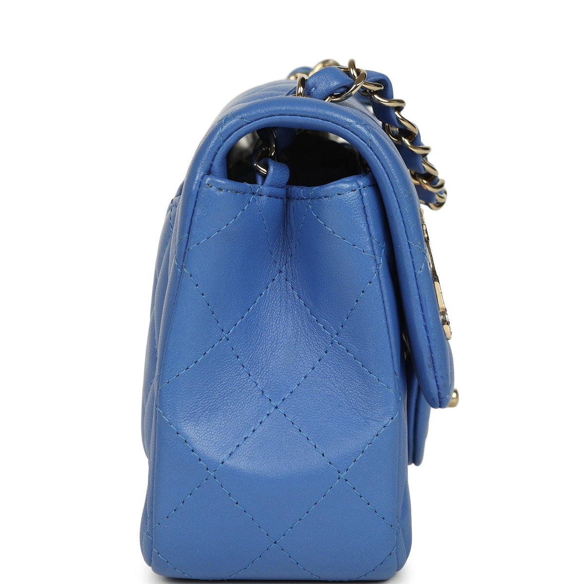 Pre-owned Chanel Mini Rectangular Hollywood Charms Flap Bag Blue Lambskin Light Gold Hardware