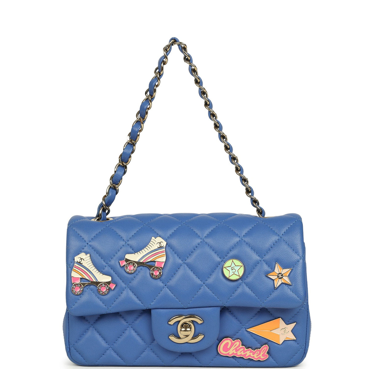 Pre-owned Chanel Mini Rectangular Hollywood Charms Flap Bag Blue Lambskin Light Gold Hardware