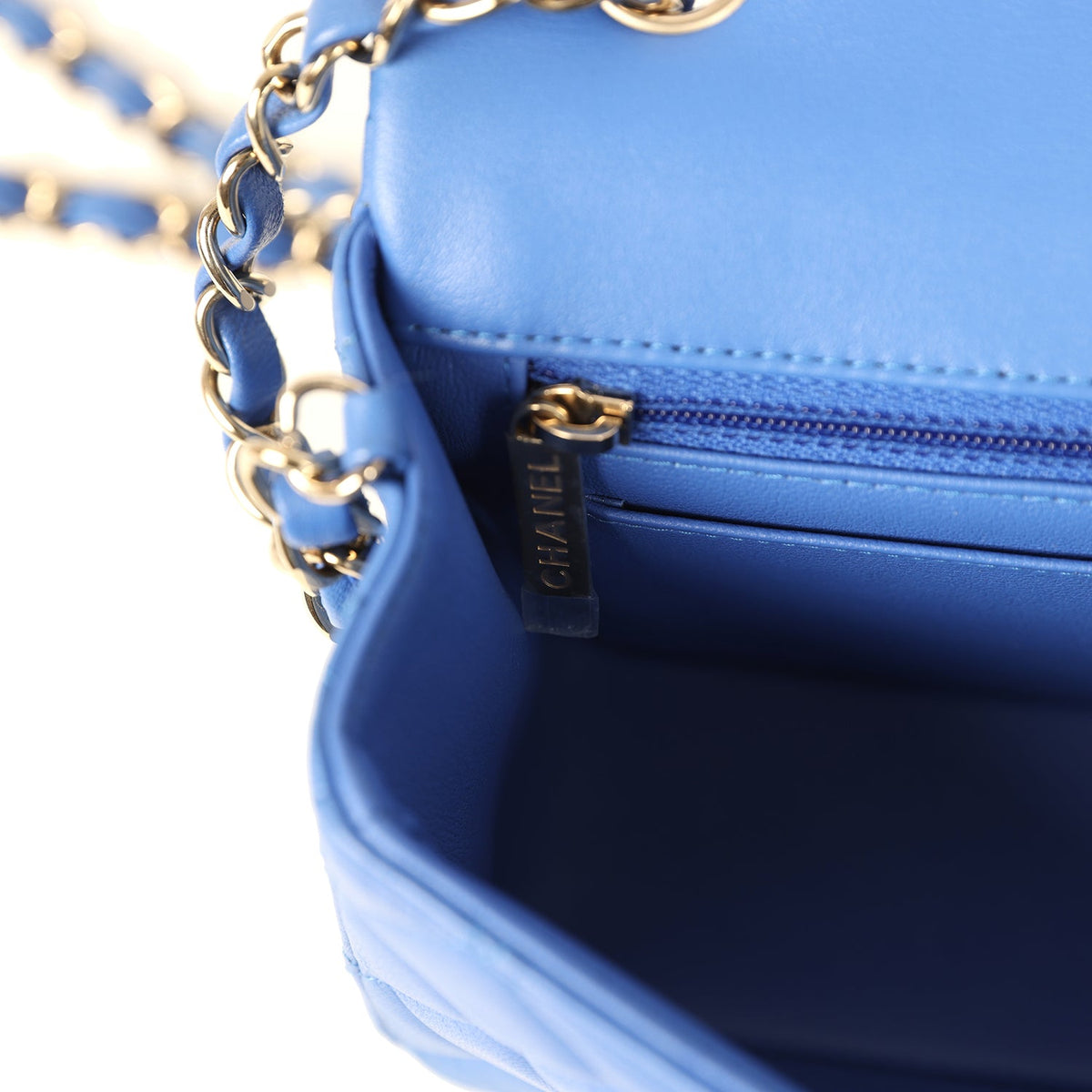 Pre-owned Chanel Mini Rectangular Hollywood Charms Flap Bag Blue Lambskin Light Gold Hardware