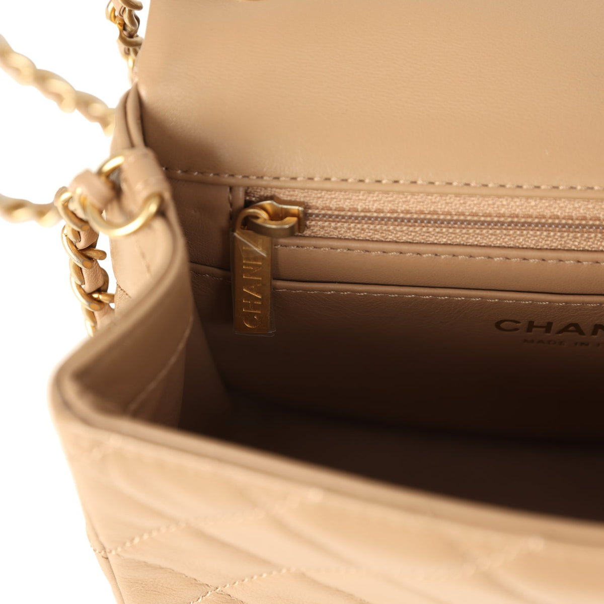Chanel Mini Pearl Crush Square Flap Bag Beige Lambskin Brushed Gold Hardware