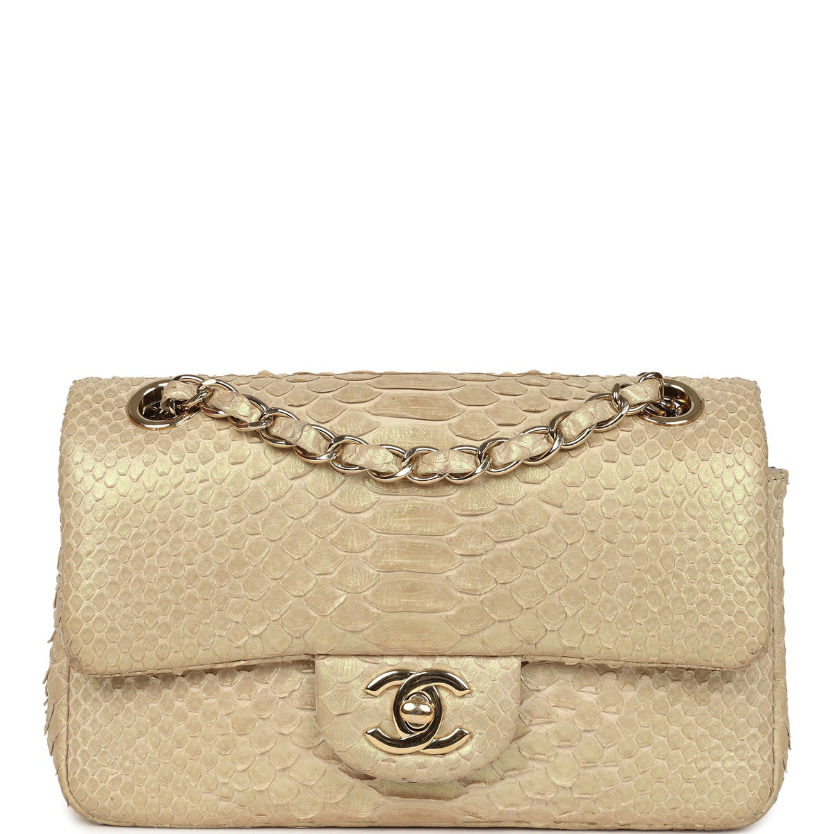Pre-owned Chanel Mini Rectangular Flap Bag Iridescent Gold Python Gold Hardware