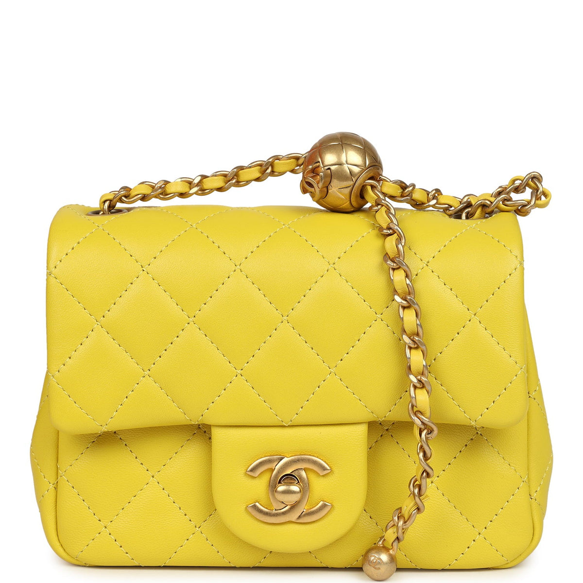 Chanel Mini Pearl Crush Square Flap Bag Yellow Lambskin Brushed Gold Hardware